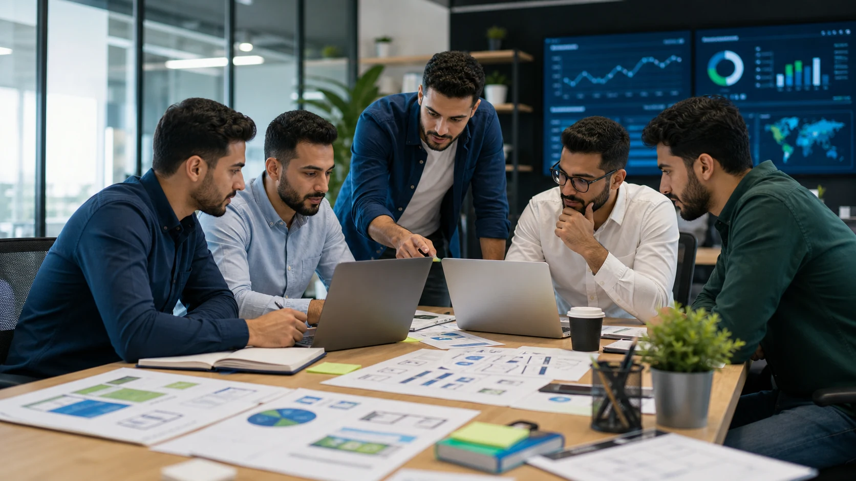 Male digital agency team planning website design, SEO, and analytics strategy