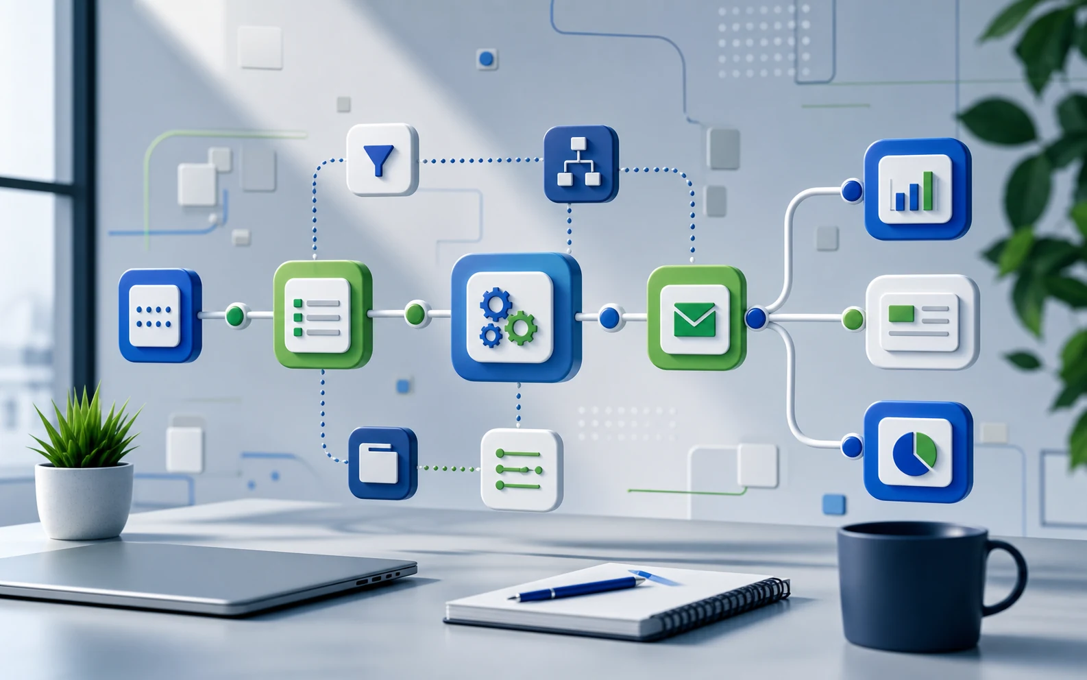 Business automation workflow visualization with connected digital process icons