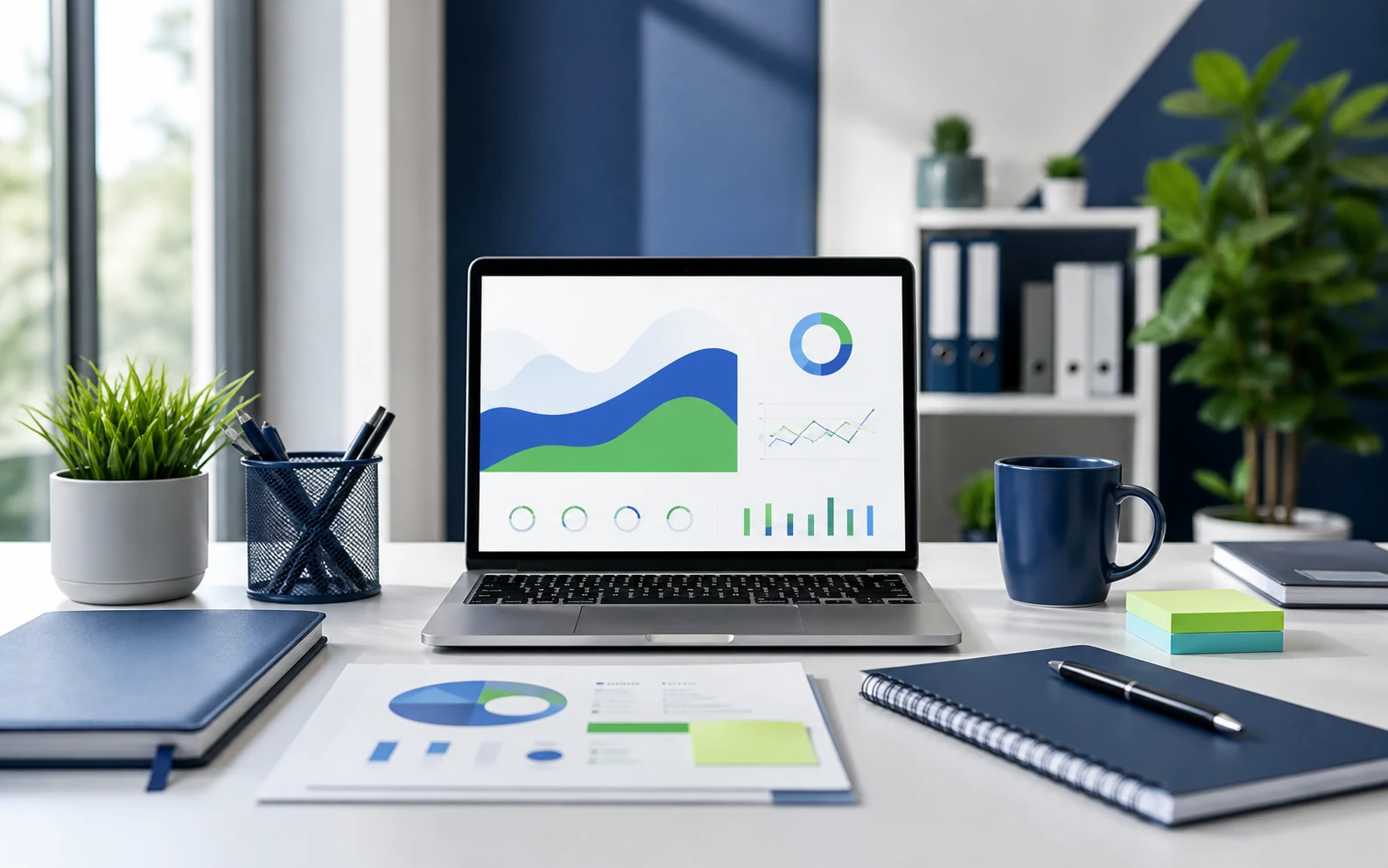 Professional web design and SEO consultation workspace with analytics planning materials