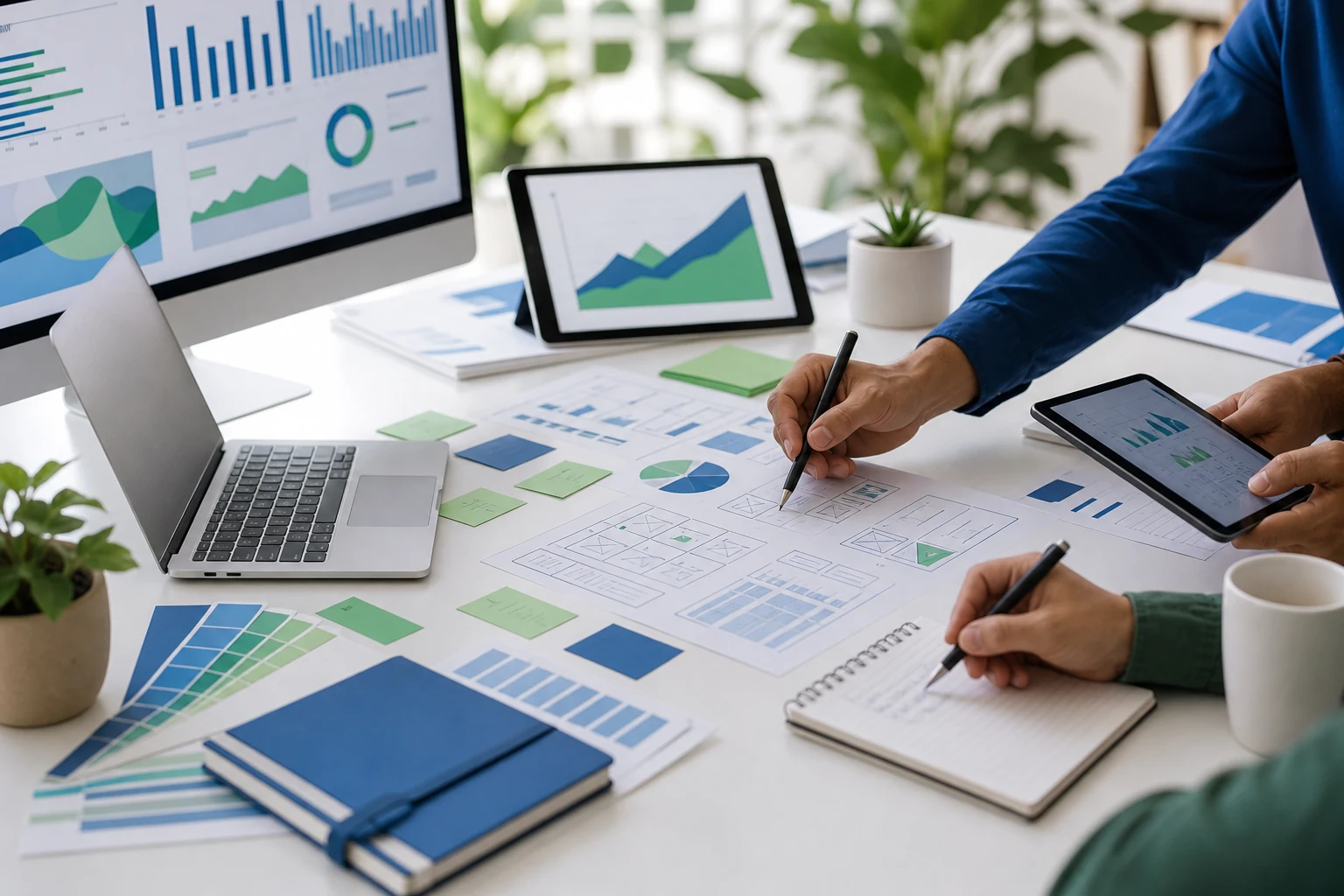 Digital strategy workspace with planning materials, analytics charts, and collaborative web design notes