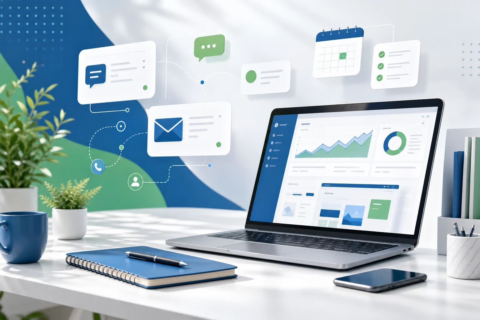 Consultation workspace with message cards, email panels, analytics, and website planning screens