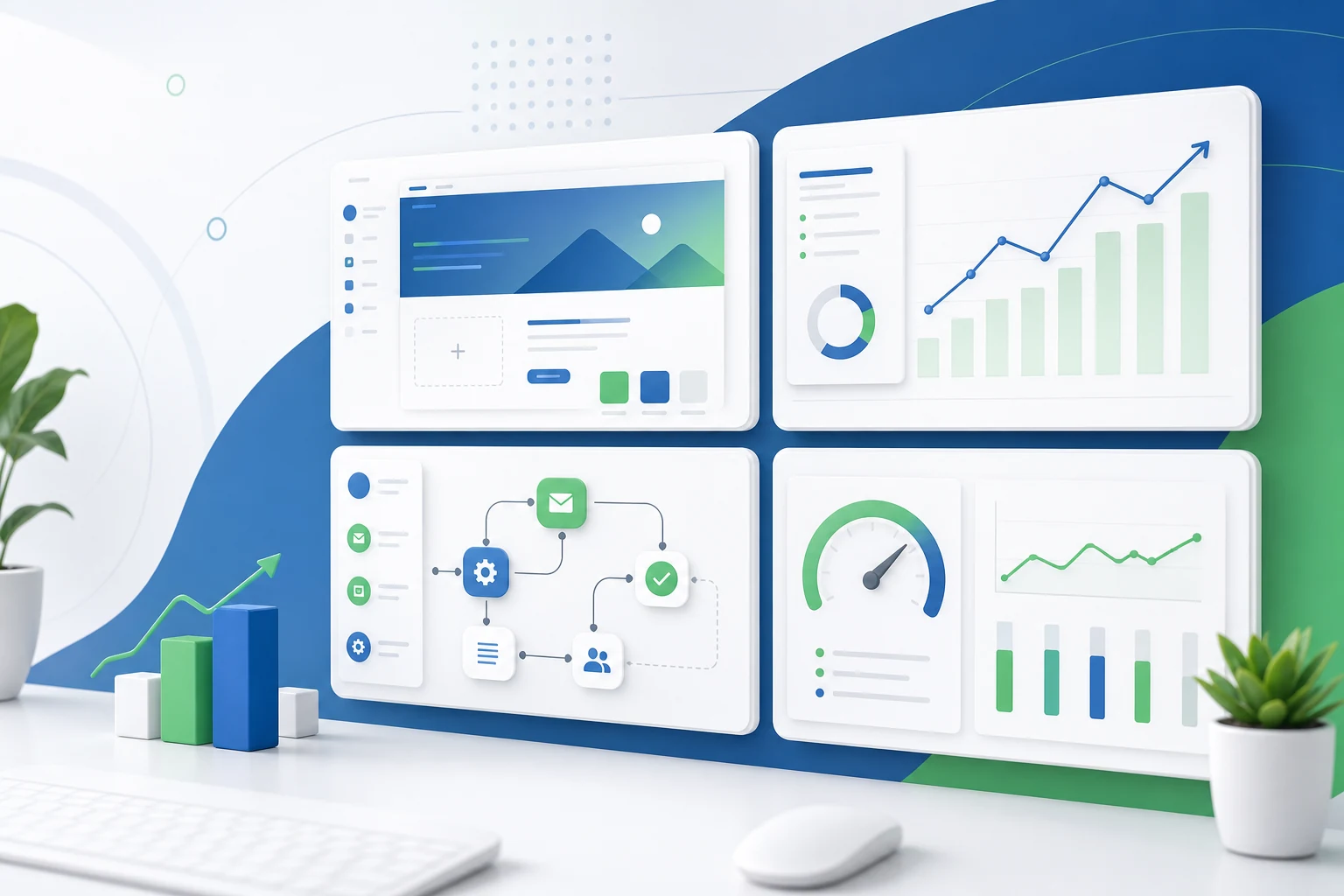 Digital service command center showing web design, SEO, automation, and performance dashboards