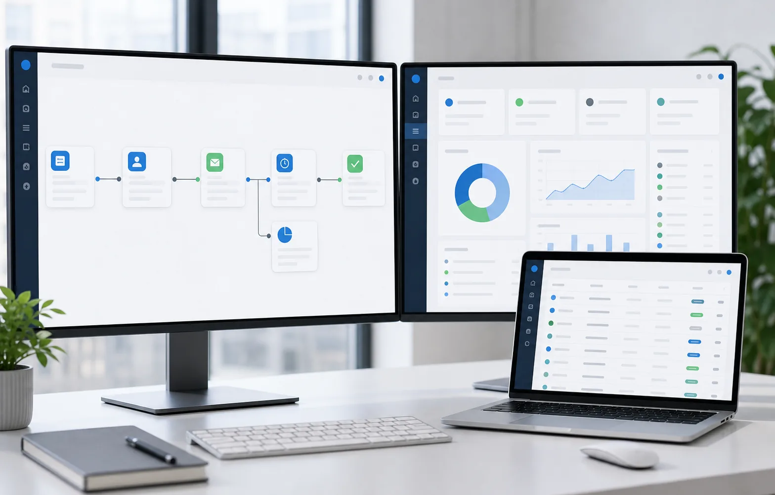 Realistic business automation dashboard connecting workflow nodes, CRM cards, email, and reporting screens