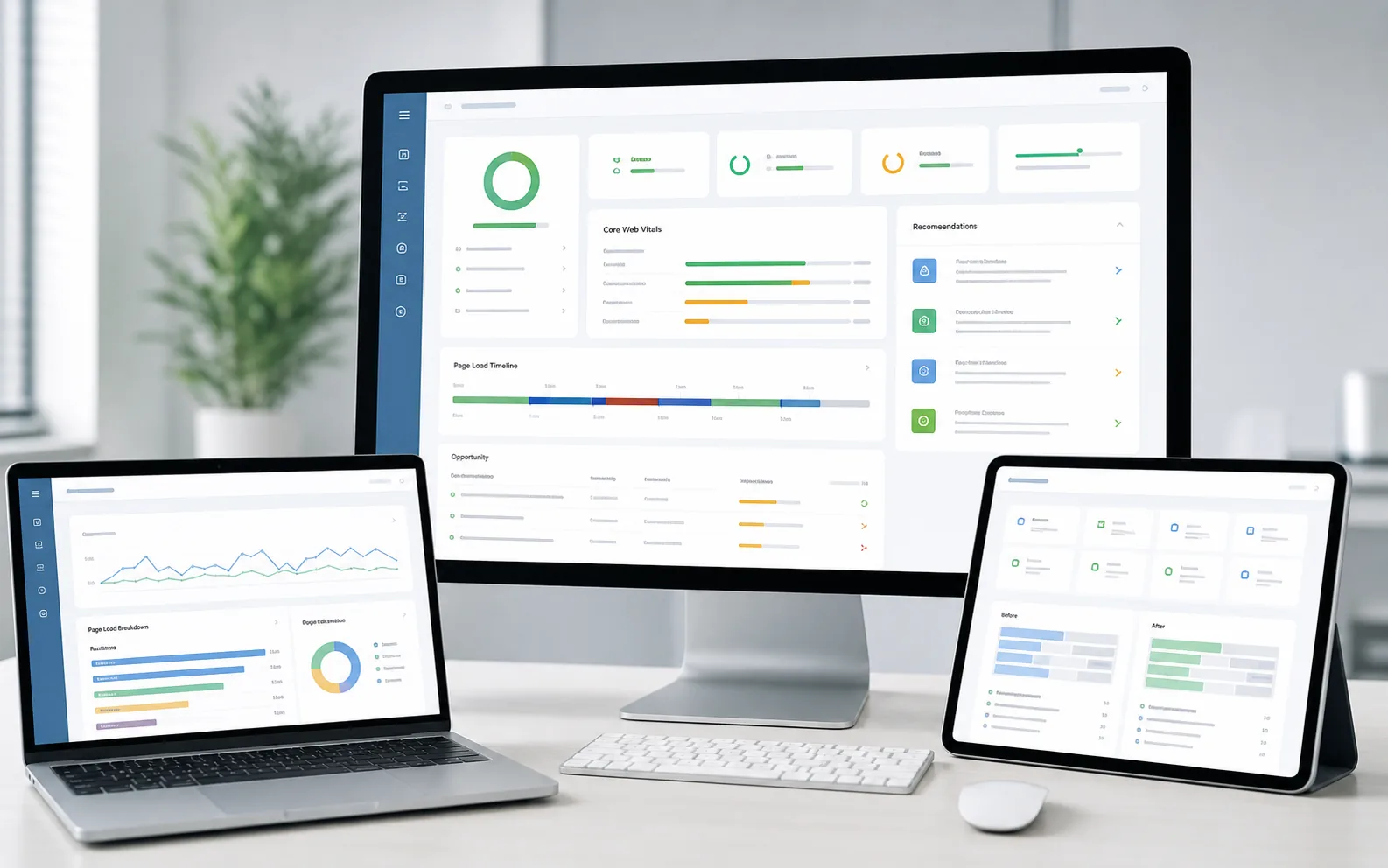 Realistic website performance dashboard with Core Web Vitals, loading timeline, and optimization panels