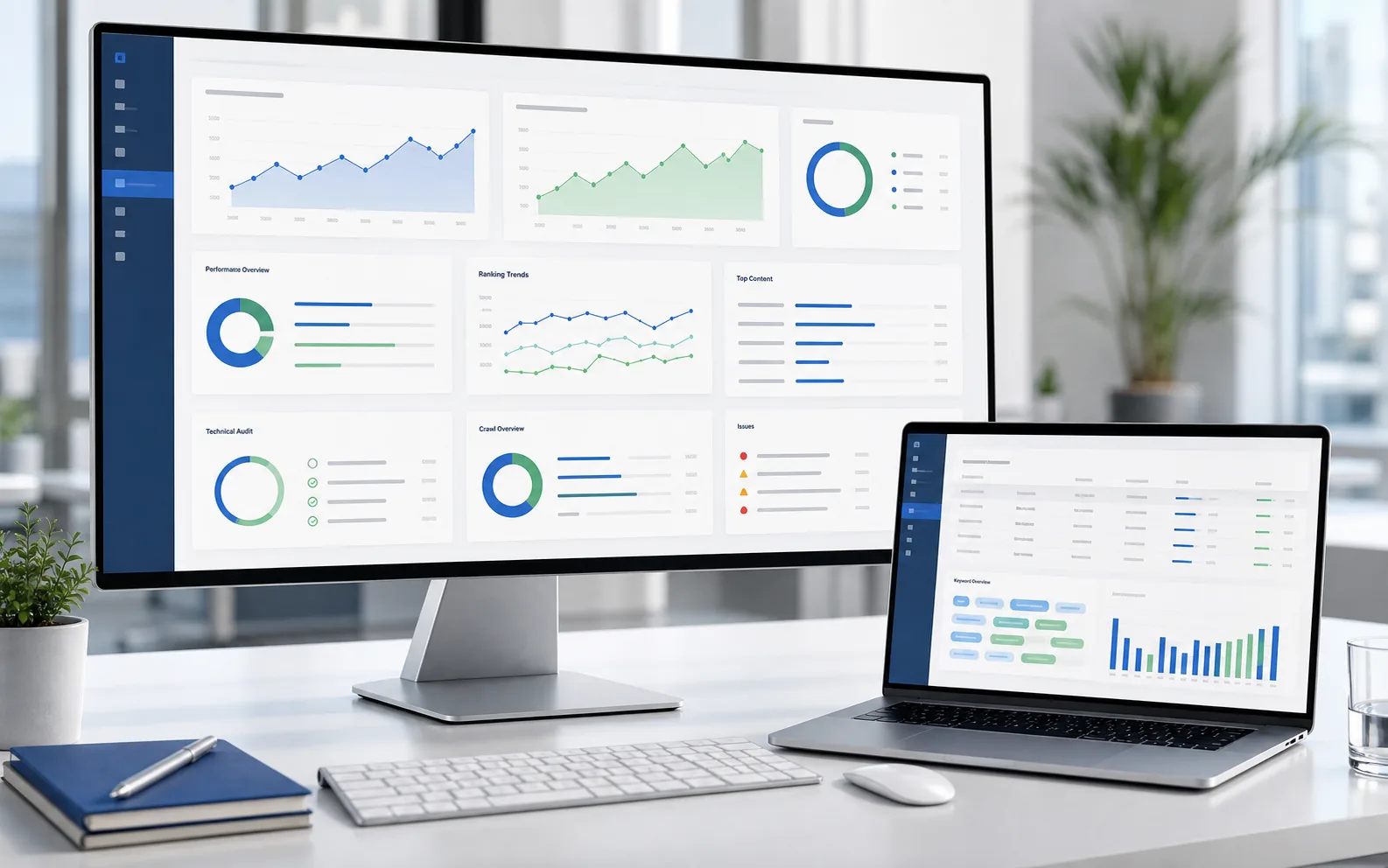 Realistic SEO optimization dashboard with organic traffic charts and audit panels