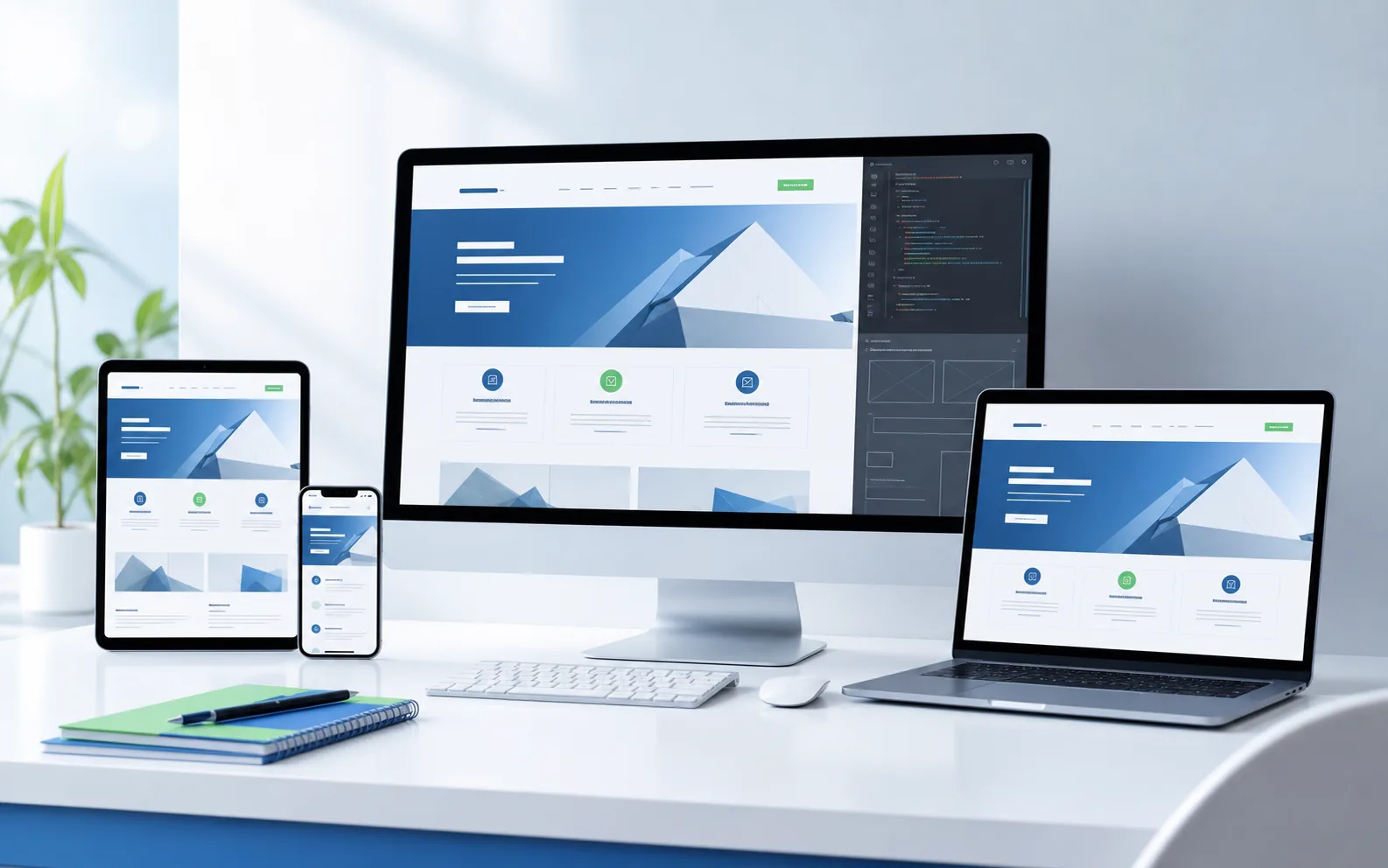 Realistic responsive website design dashboards shown across desktop, tablet, and mobile screens