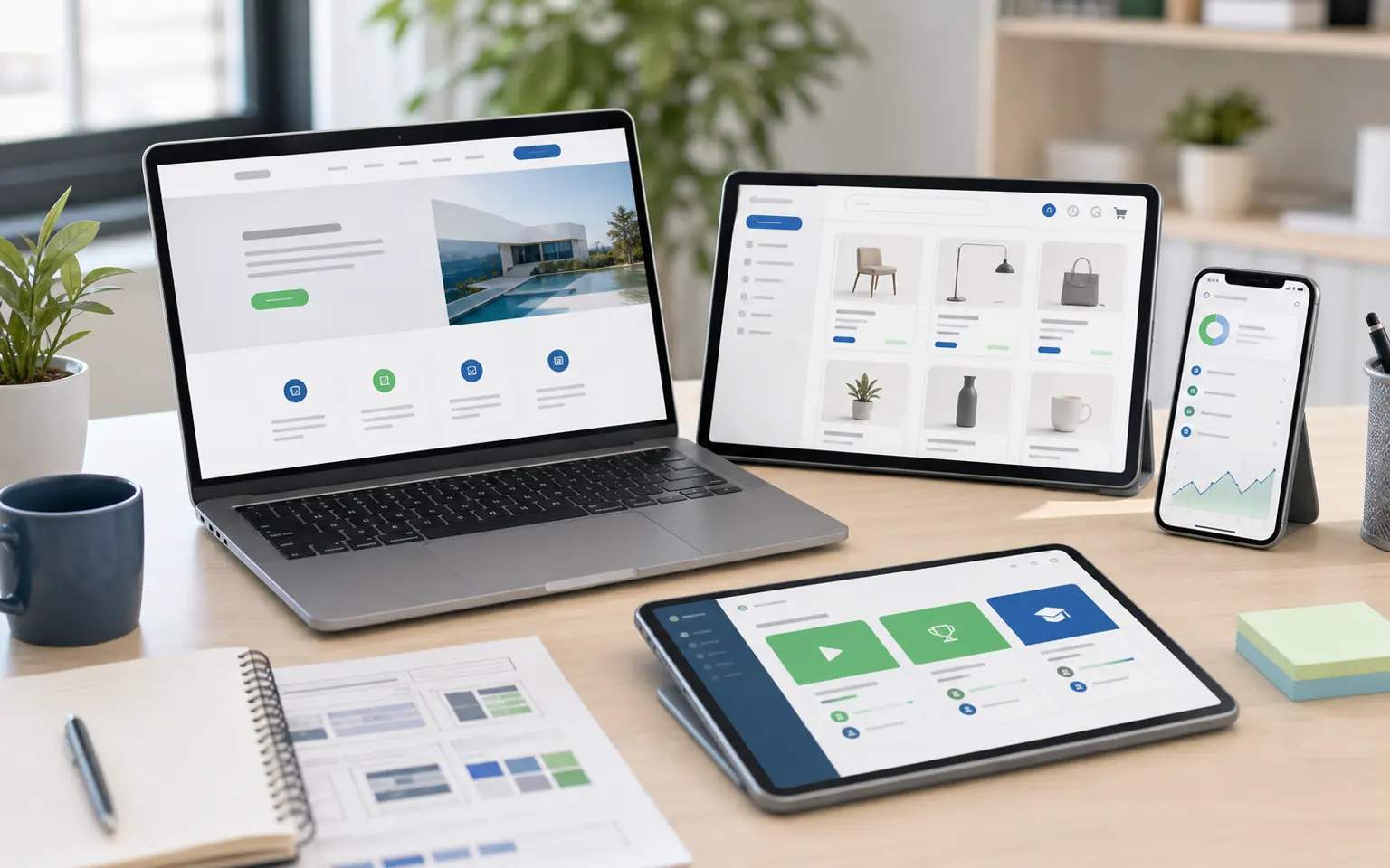 Realistic desk setup showing website, ecommerce, learning platform, and custom app interfaces on responsive devices